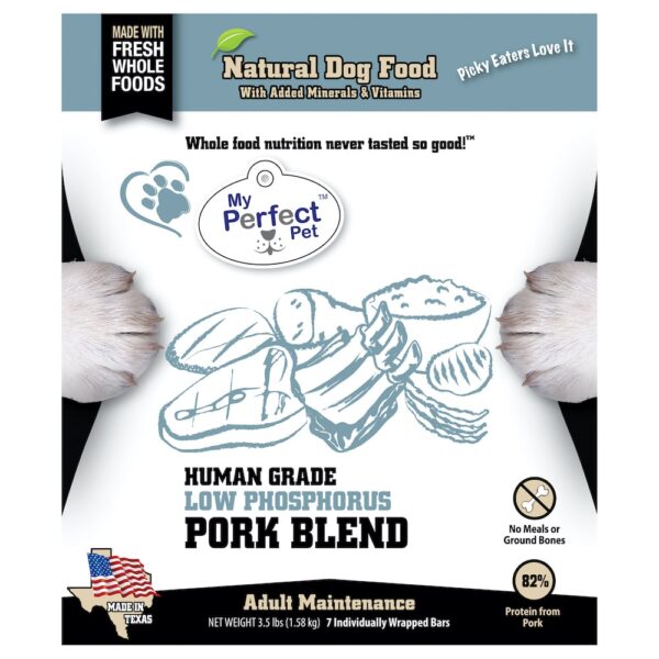 Low Phosphorus Pork Blend, adult dog food by My Perfect Pet (product package)
